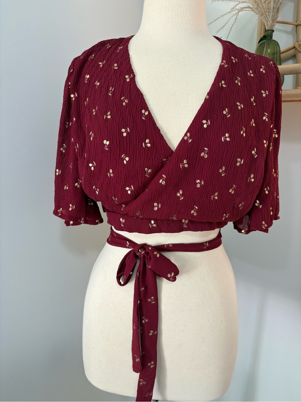 Burgundy Wrap Crop Top with Cherry Detail